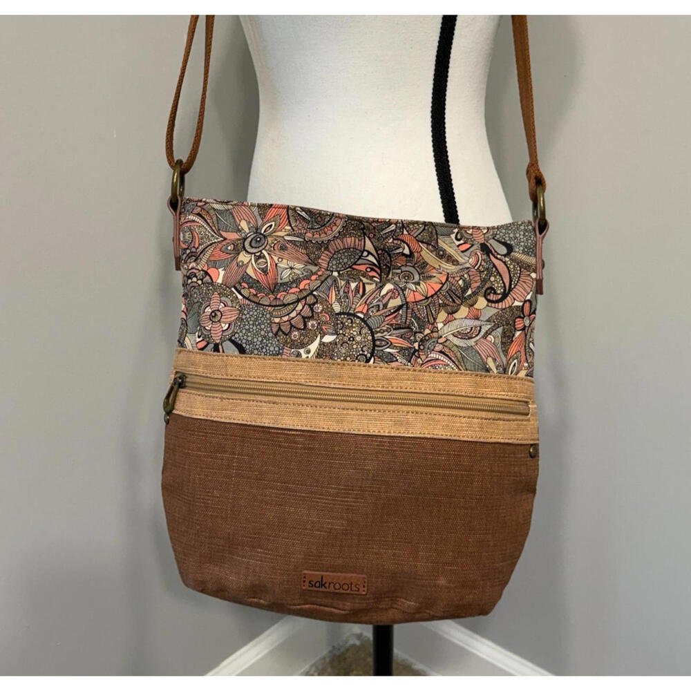 Sakroots Canvas Floral Paisley Crossbody Bag Brown Pink Mixed Print Messenger